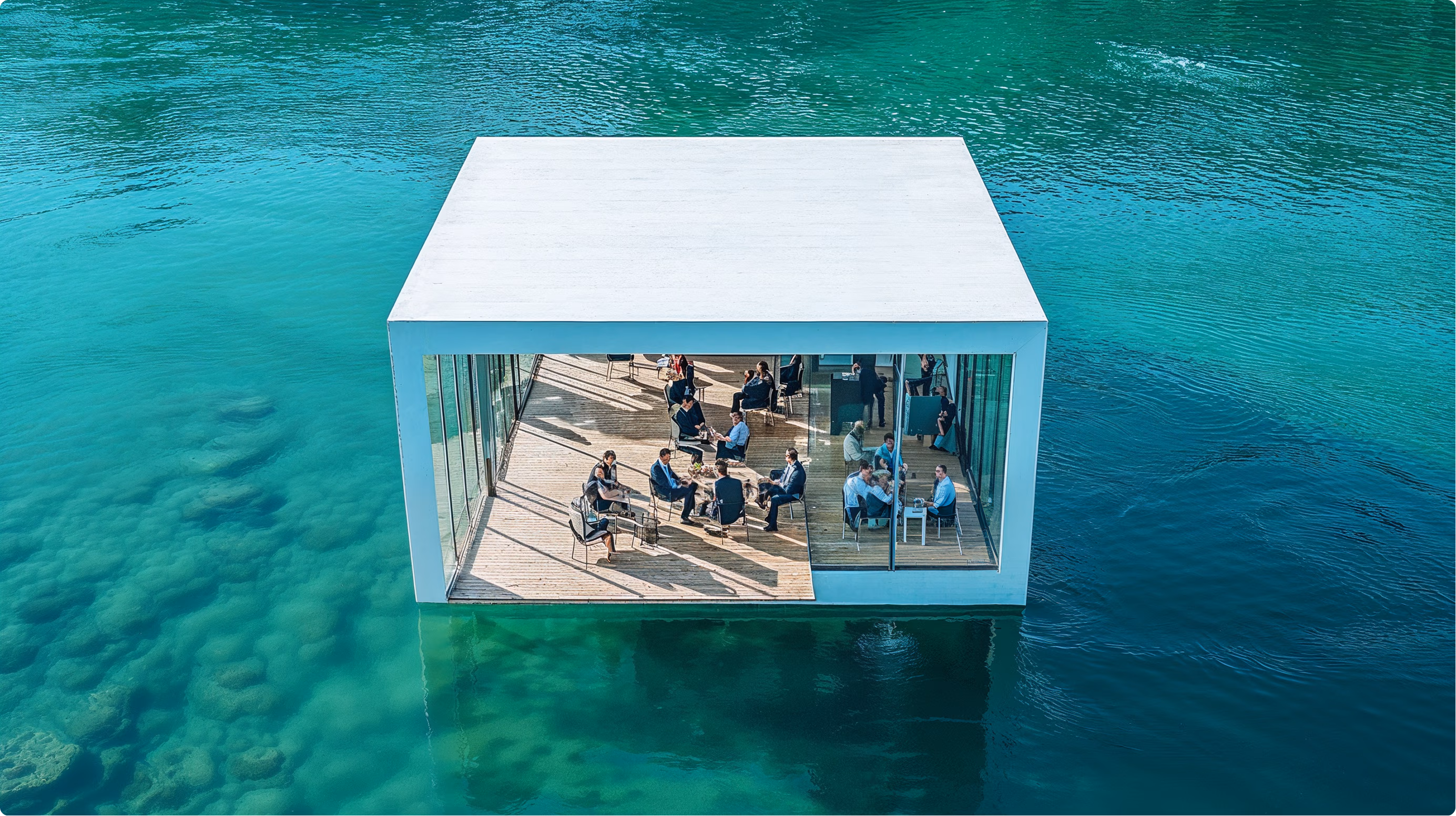 Modern glass meeting room floating on clear turquoise water, with professionals in discussion