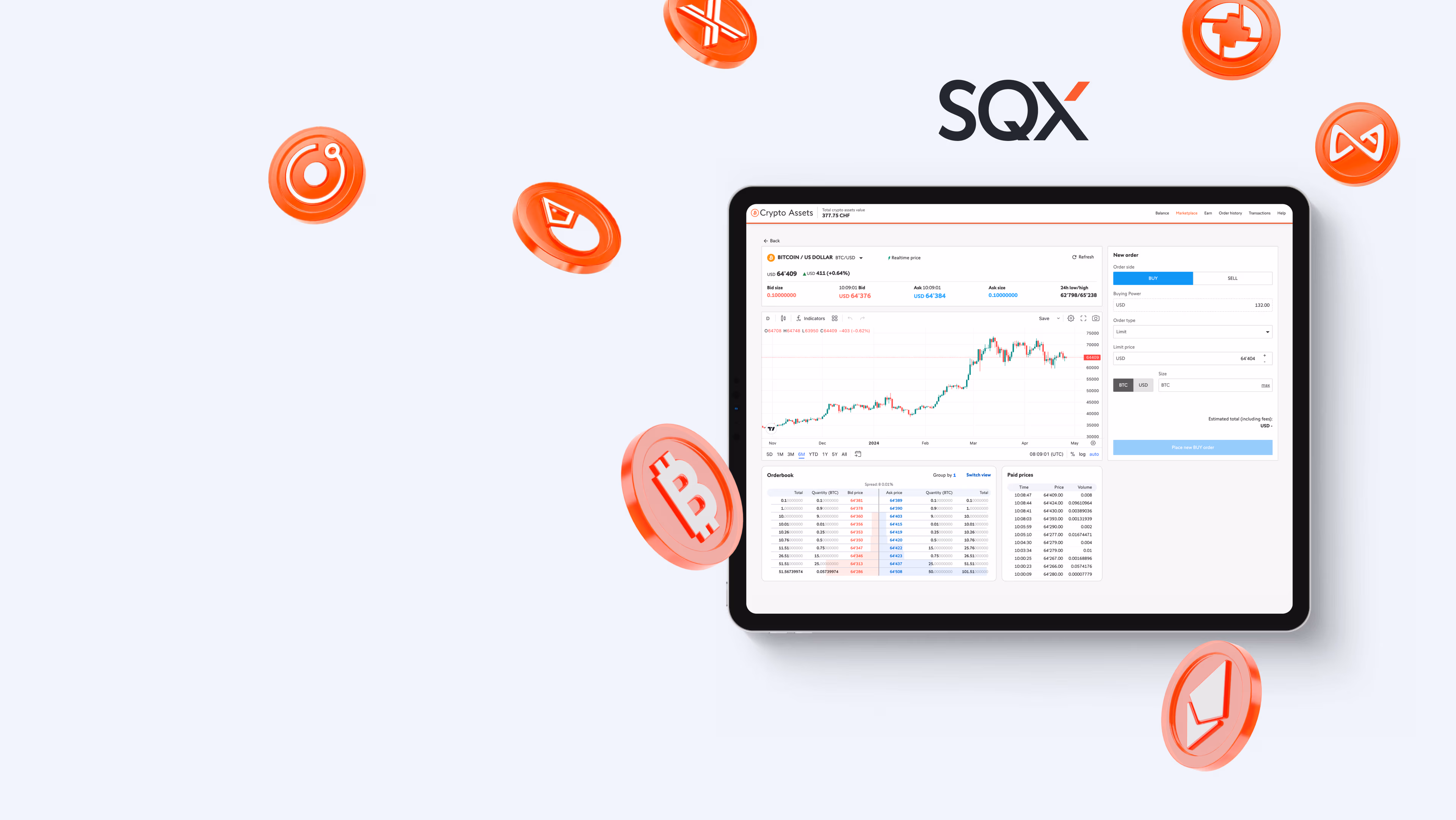 SQX Exchange platform screenshot with cryptos 