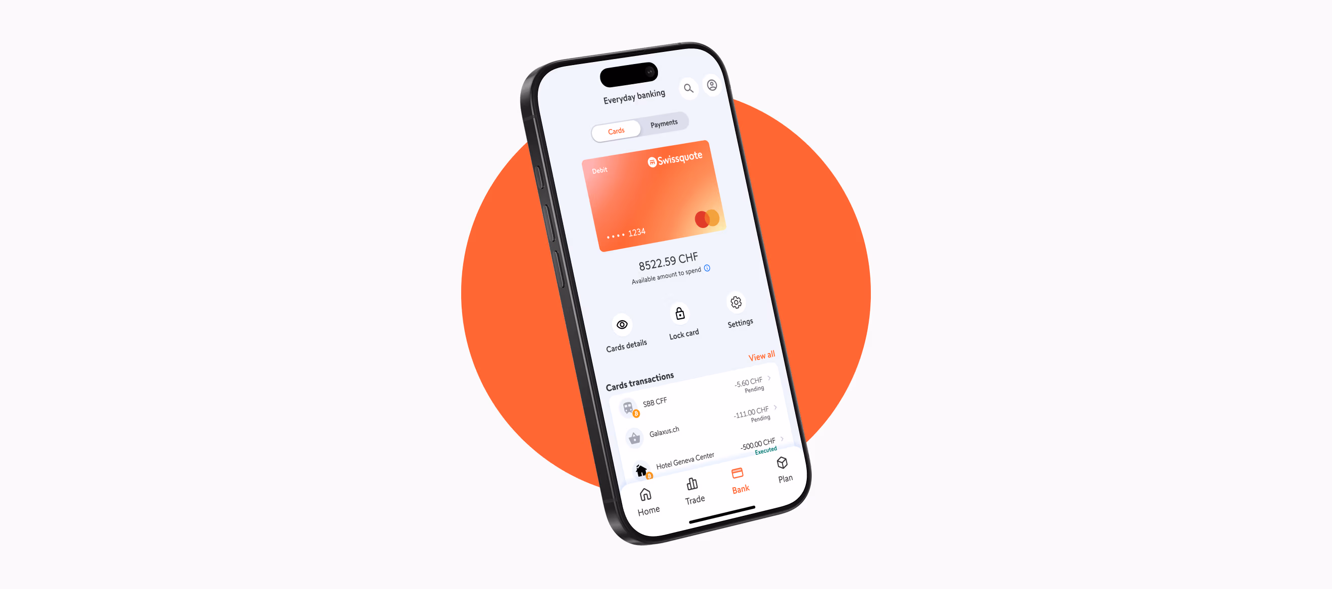 Swissquote trading app on a smartphone screen, on the "Card" section
